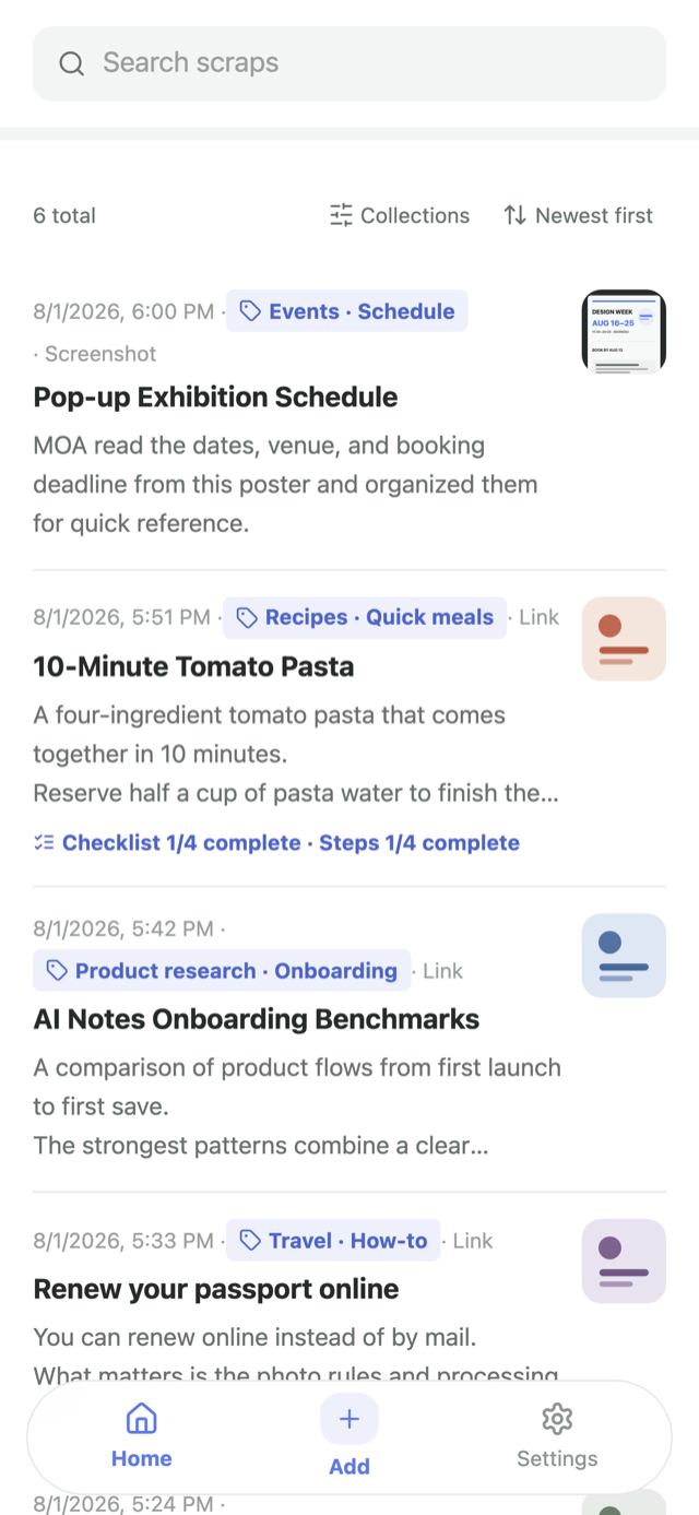Saved scraps shown as a list with tags and summaries in MOA