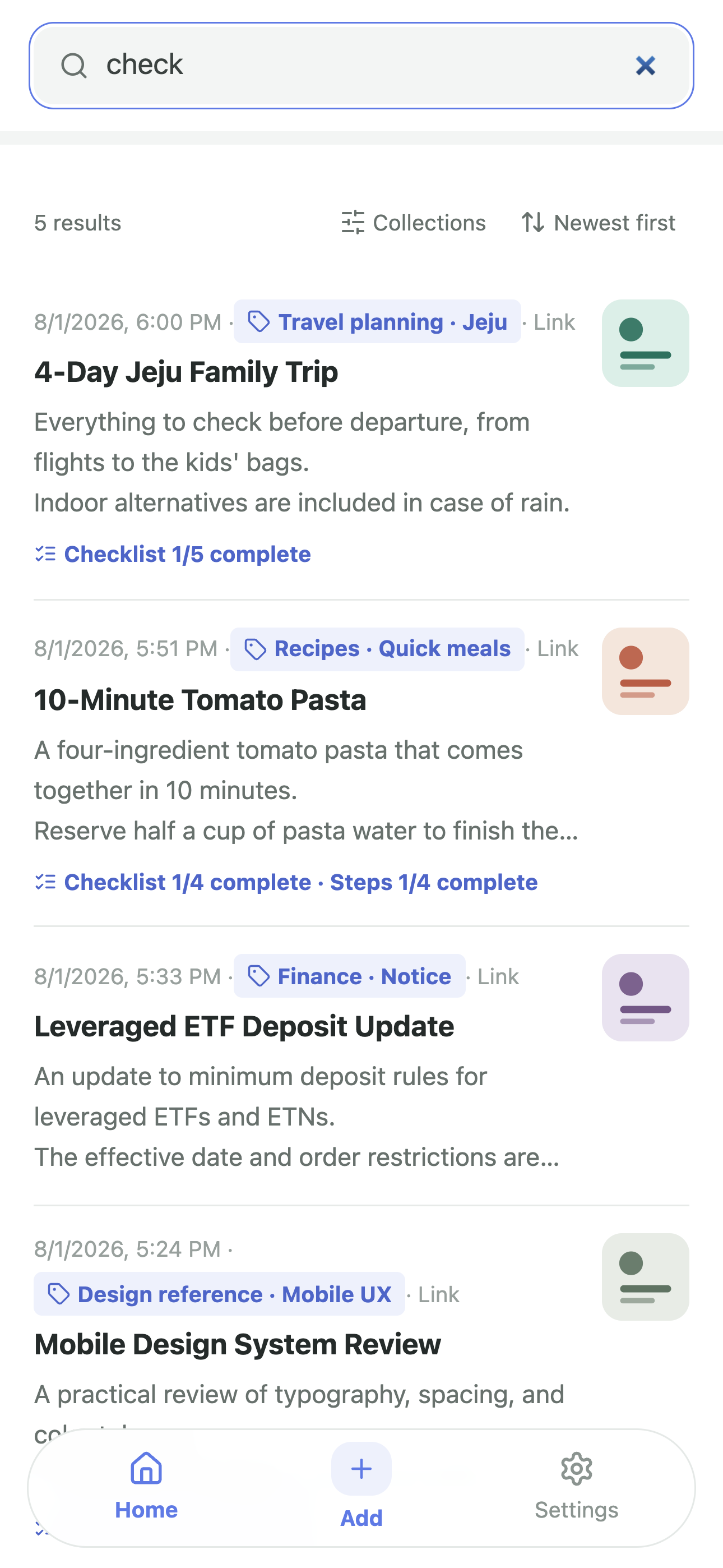 MOA search results for a saved scrap